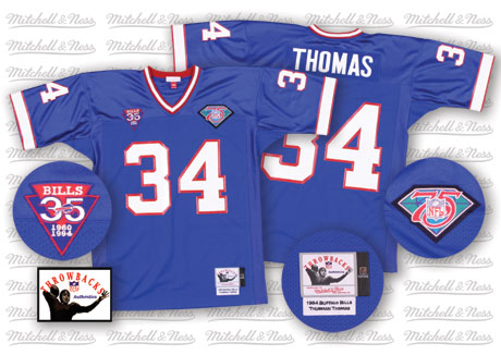 Men's Authentic Thurman Thomas 35th Patch Mitchell and Ness Jersey Royal Blue Home - #34 75th Patch Throwback NFL Buffalo Bills